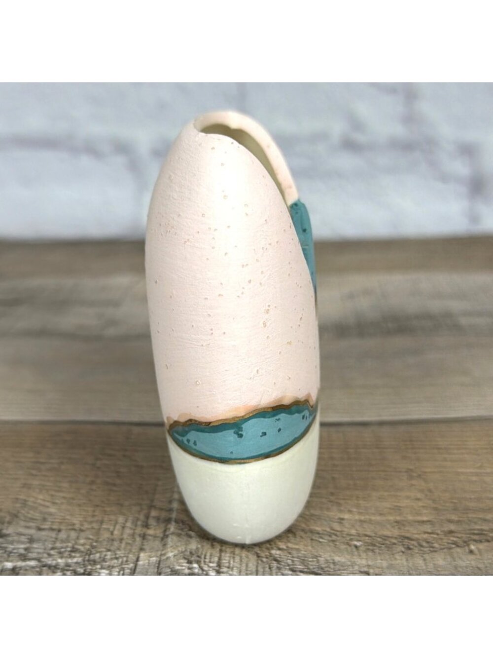 Vintage Pink Green Palm Tree Sand Art Pottery Candle Holder 24k Gold Trim Unused - Picture 6 of 10